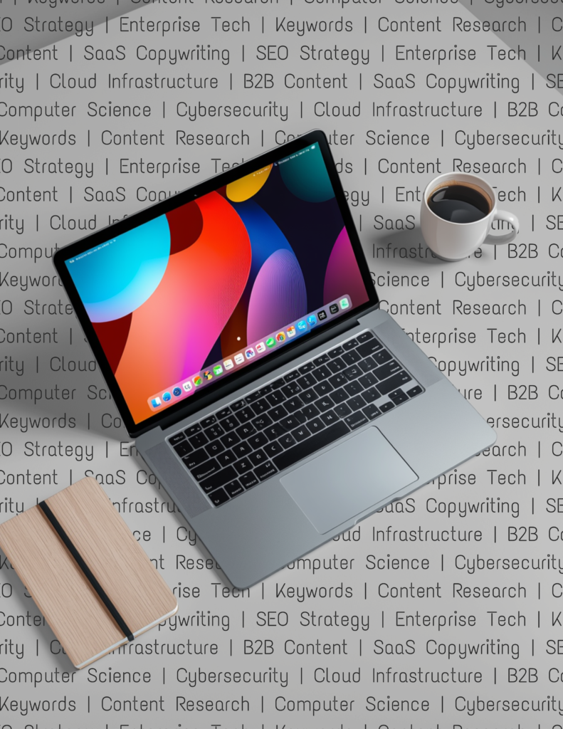 Laptop sitting on counter with phrases including "Cybersecurity" "B2B Writing" and "SEO Keywords" in the background